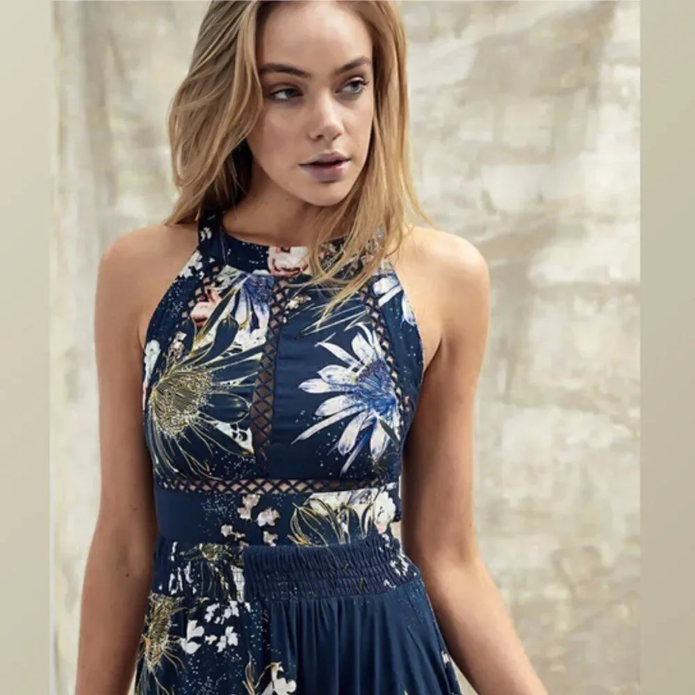 JAASE Endless Summer Floral Halter Maxi Dress Boho Wedding Side Slit Feminine M
